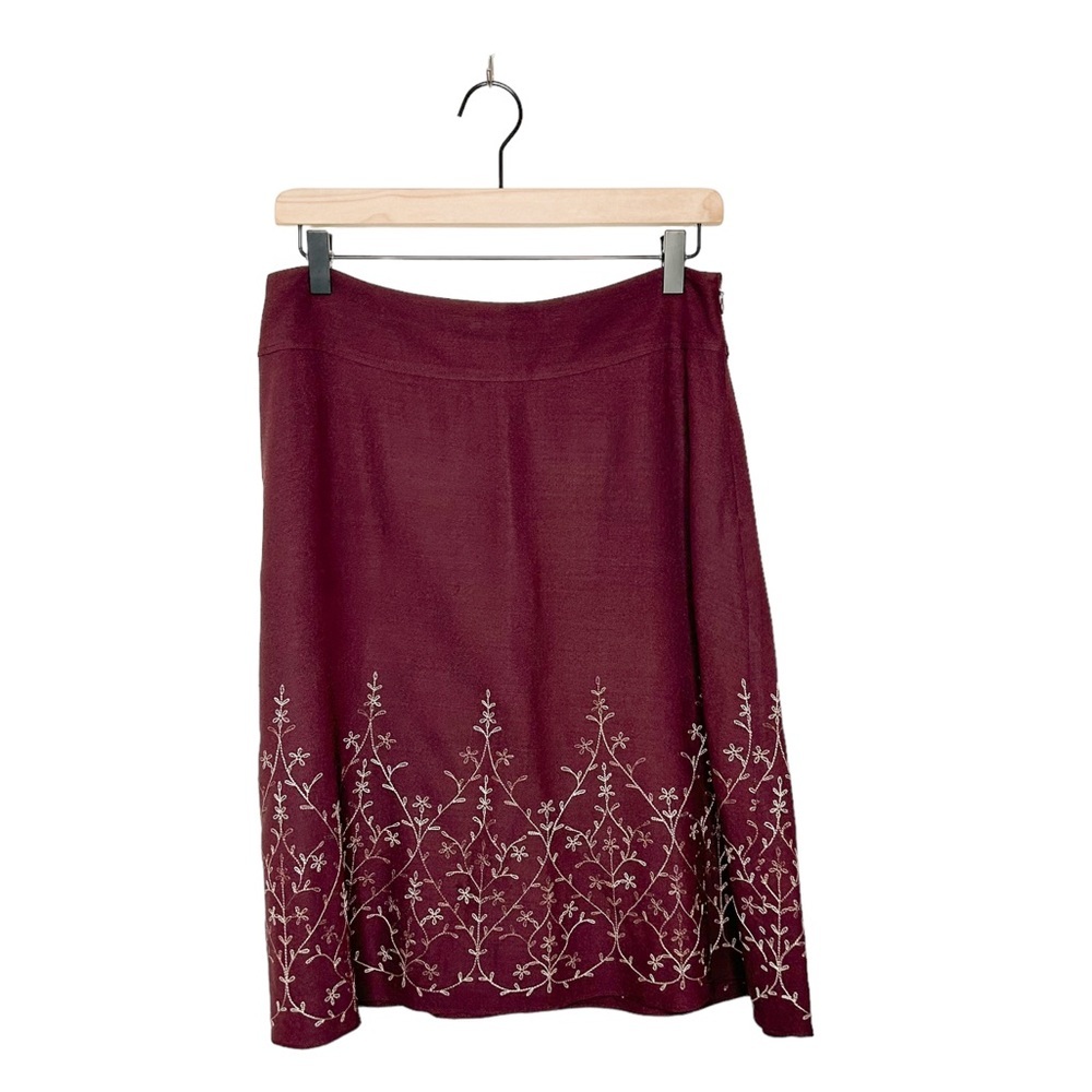 Ann Taylor Burgundy Purple Floral Embroidered Silk Wool Blend Knee Length Skirt